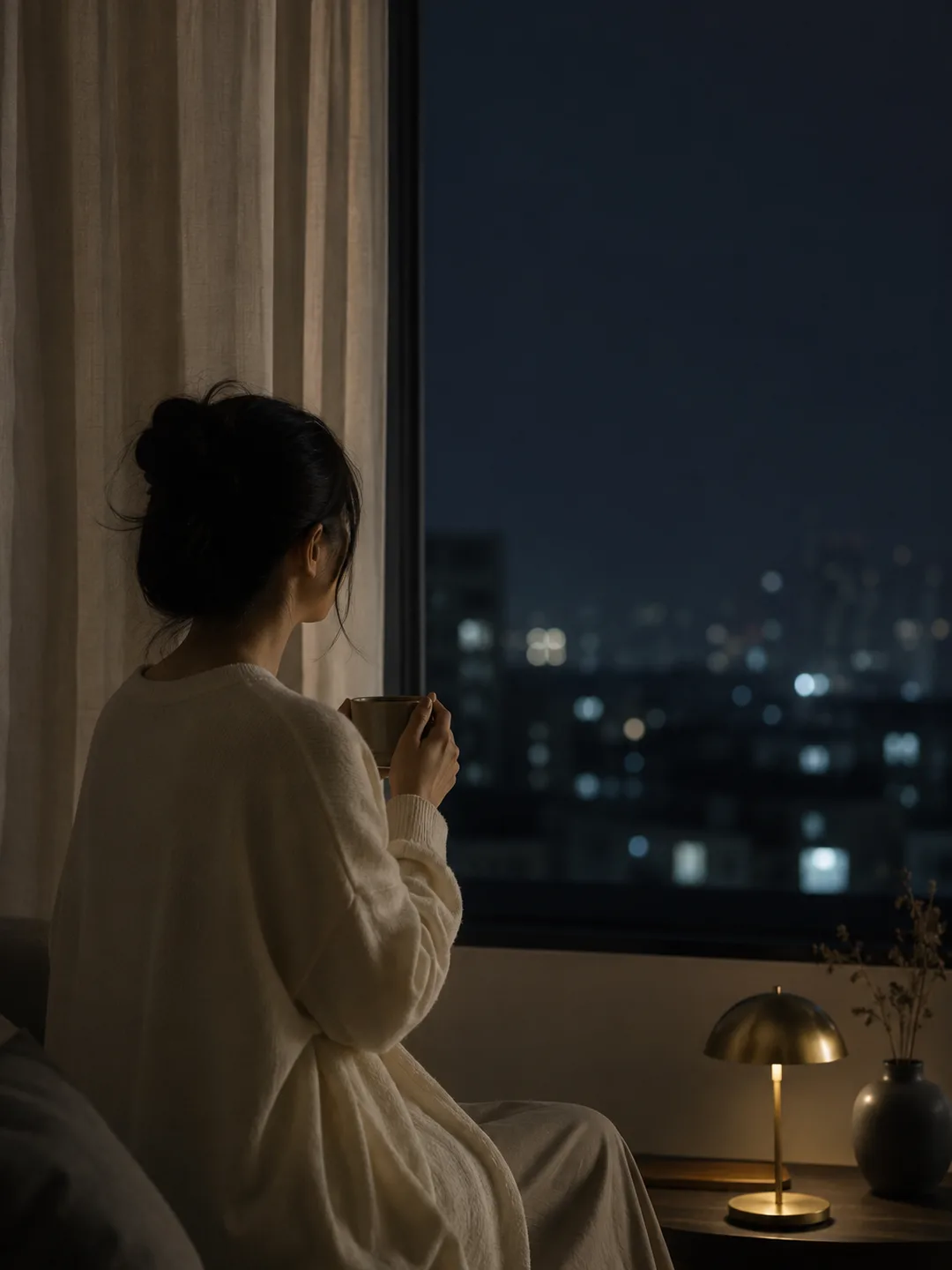 夜の窓辺で静かに考える女性の後ろ姿
